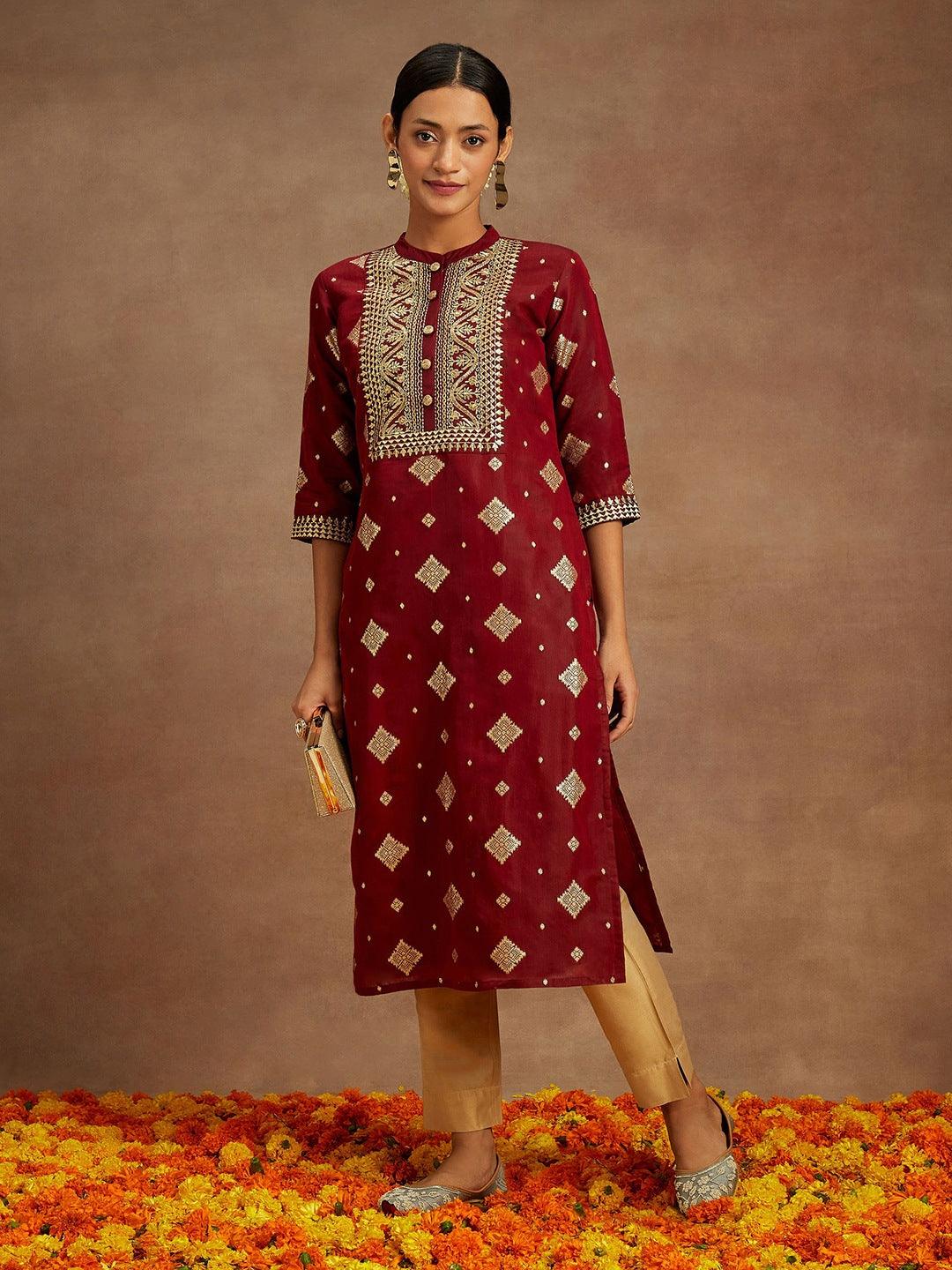 Maroon Woven Design Chanderi Silk Straight Kurta - ShopLibas