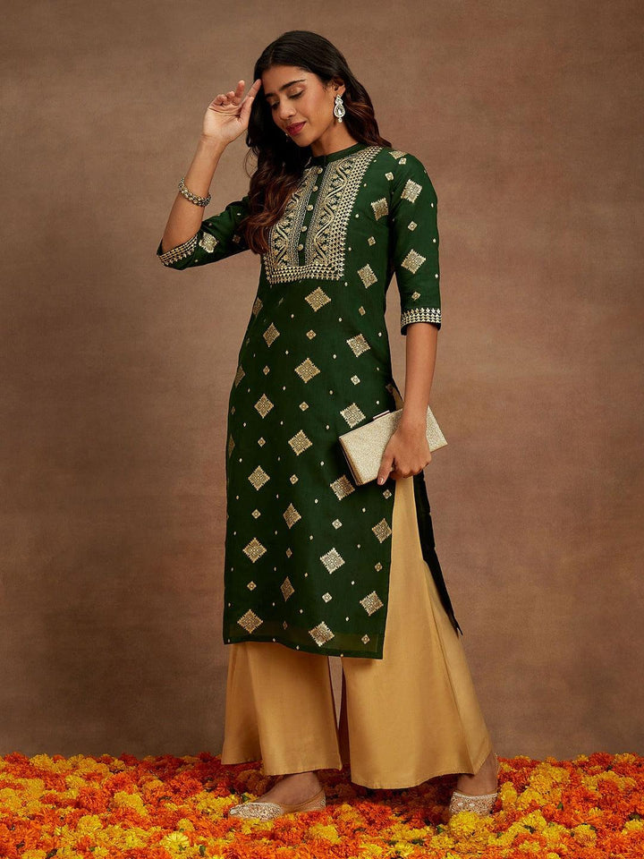 Green Woven Design Chanderi Silk Straight Kurta - ShopLibas