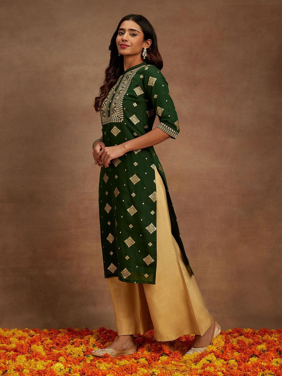 Green Woven Design Chanderi Silk Straight Kurta