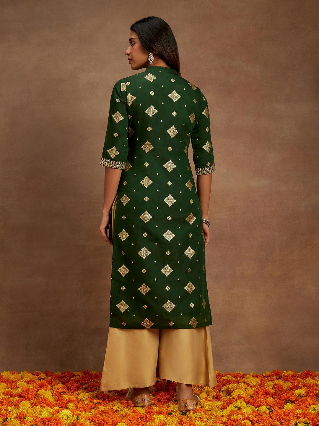 Green Woven Design Chanderi Silk Straight Kurta - ShopLibas