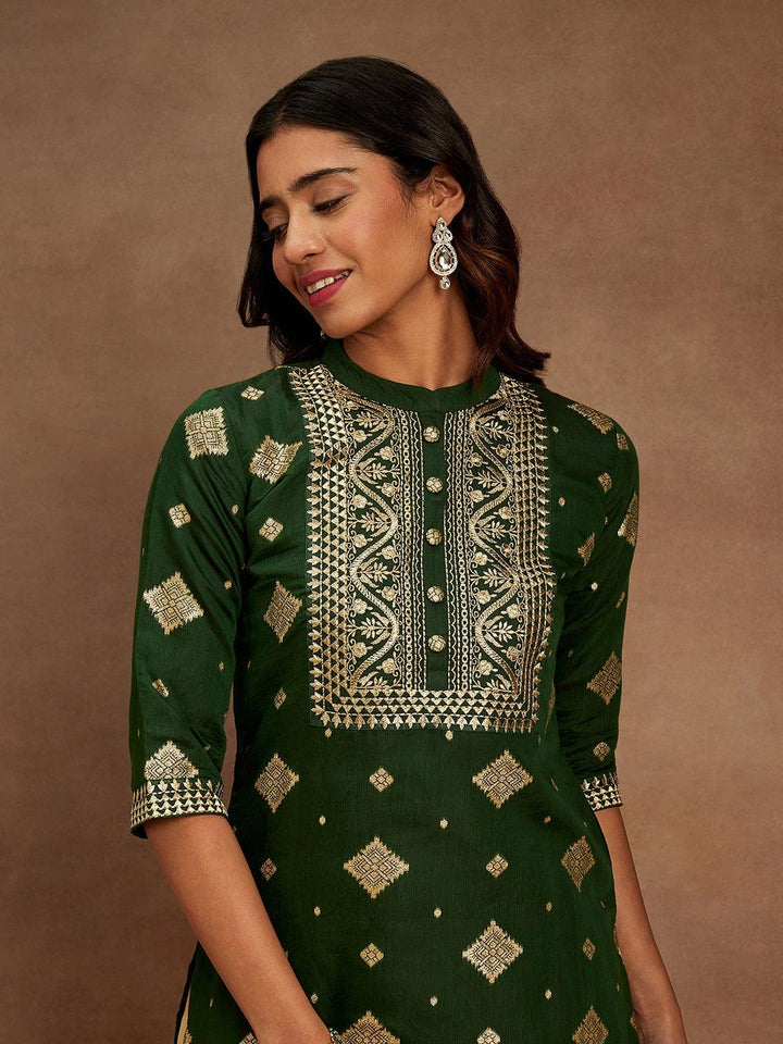 Green Woven Design Chanderi Silk Straight Kurta - ShopLibas