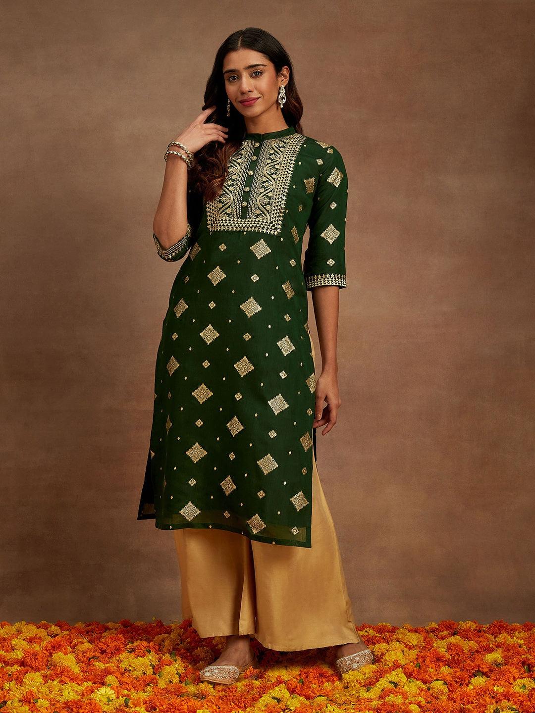 Green Woven Design Chanderi Silk Straight Kurta - ShopLibas