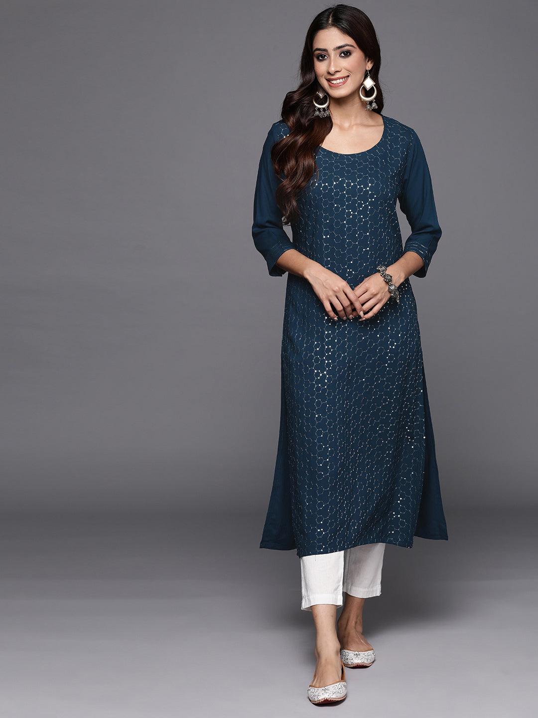 Blue Embellished Rayon Straight Kurta