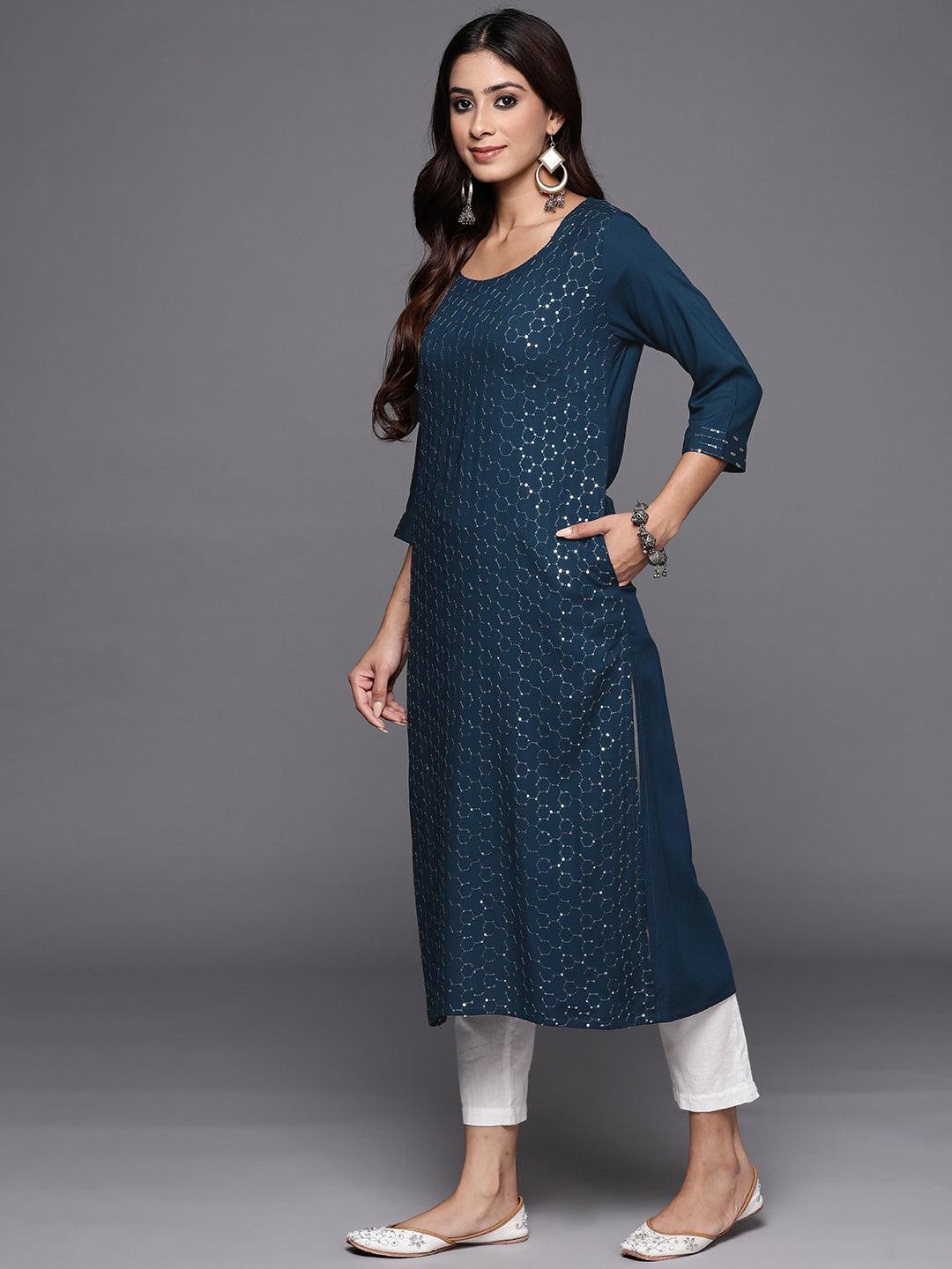 Blue Embellished Rayon Straight Kurta