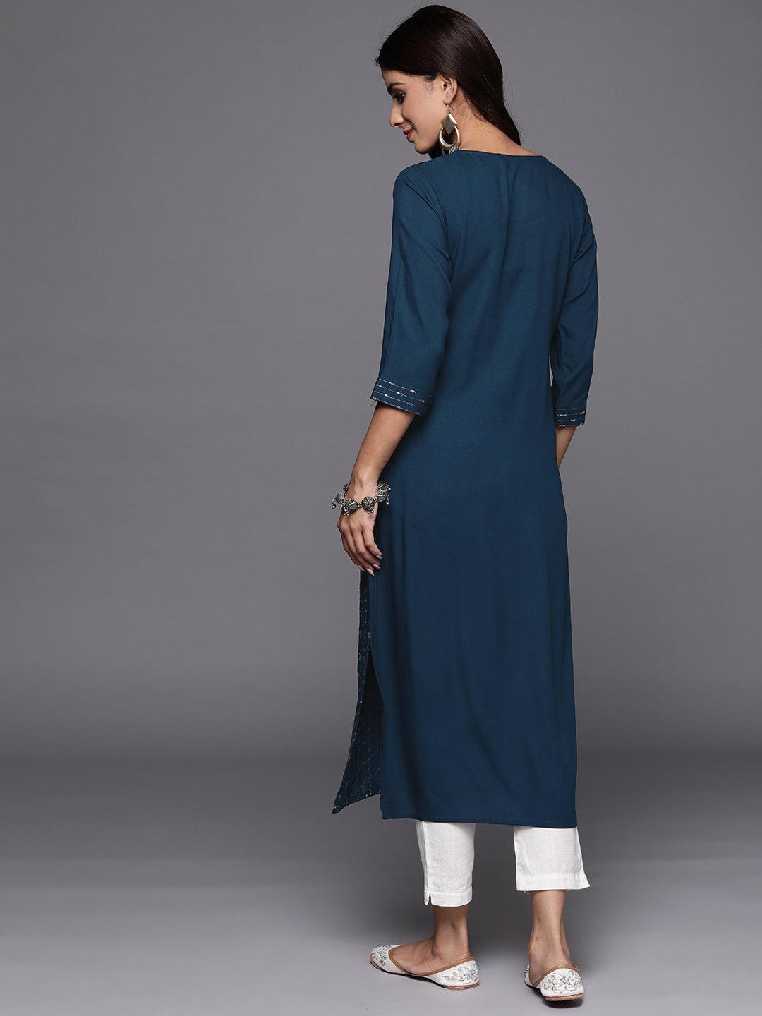 Blue Embellished Rayon Straight Kurta