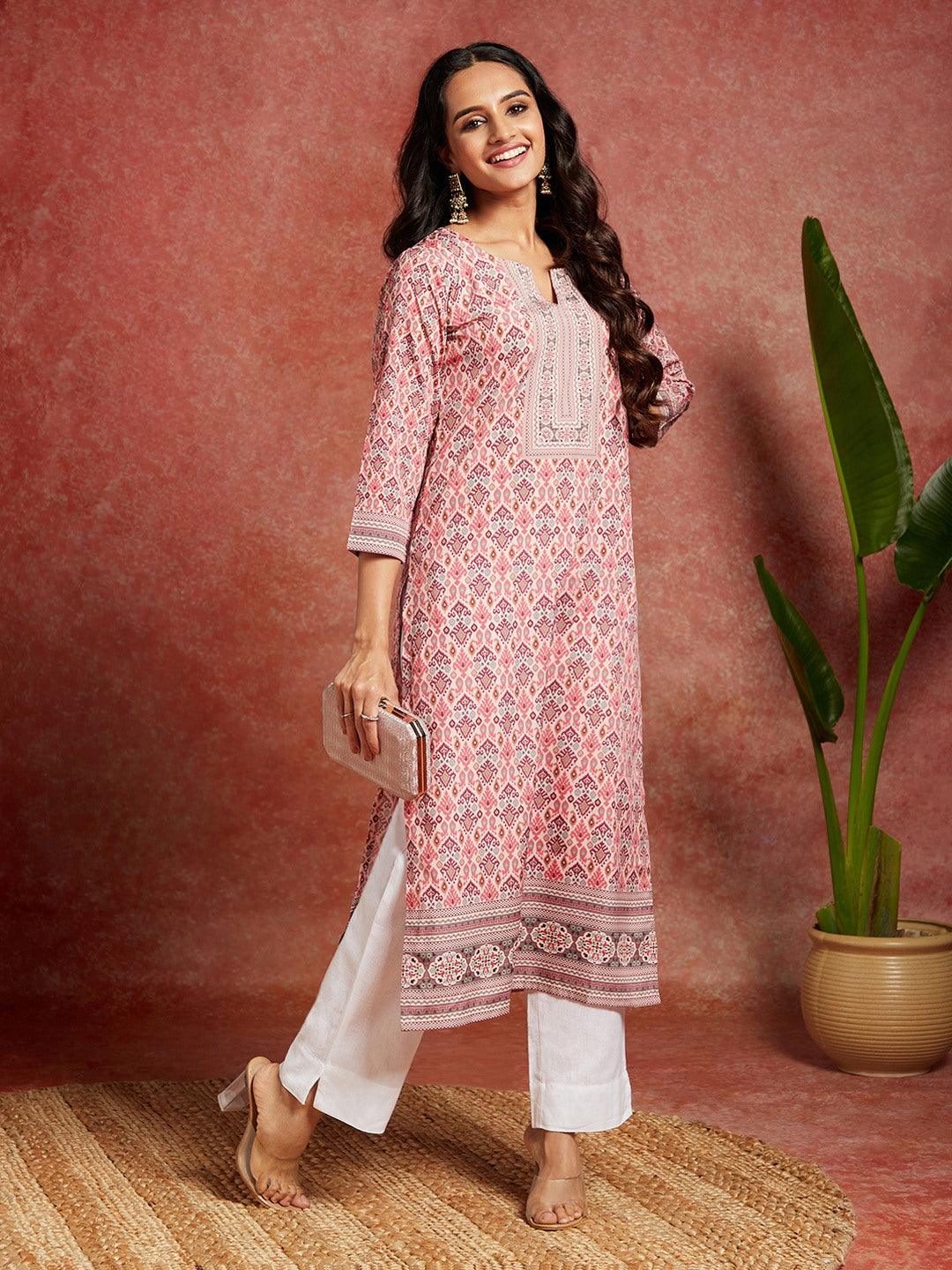 Pink Printed Crepe Straight Kurta