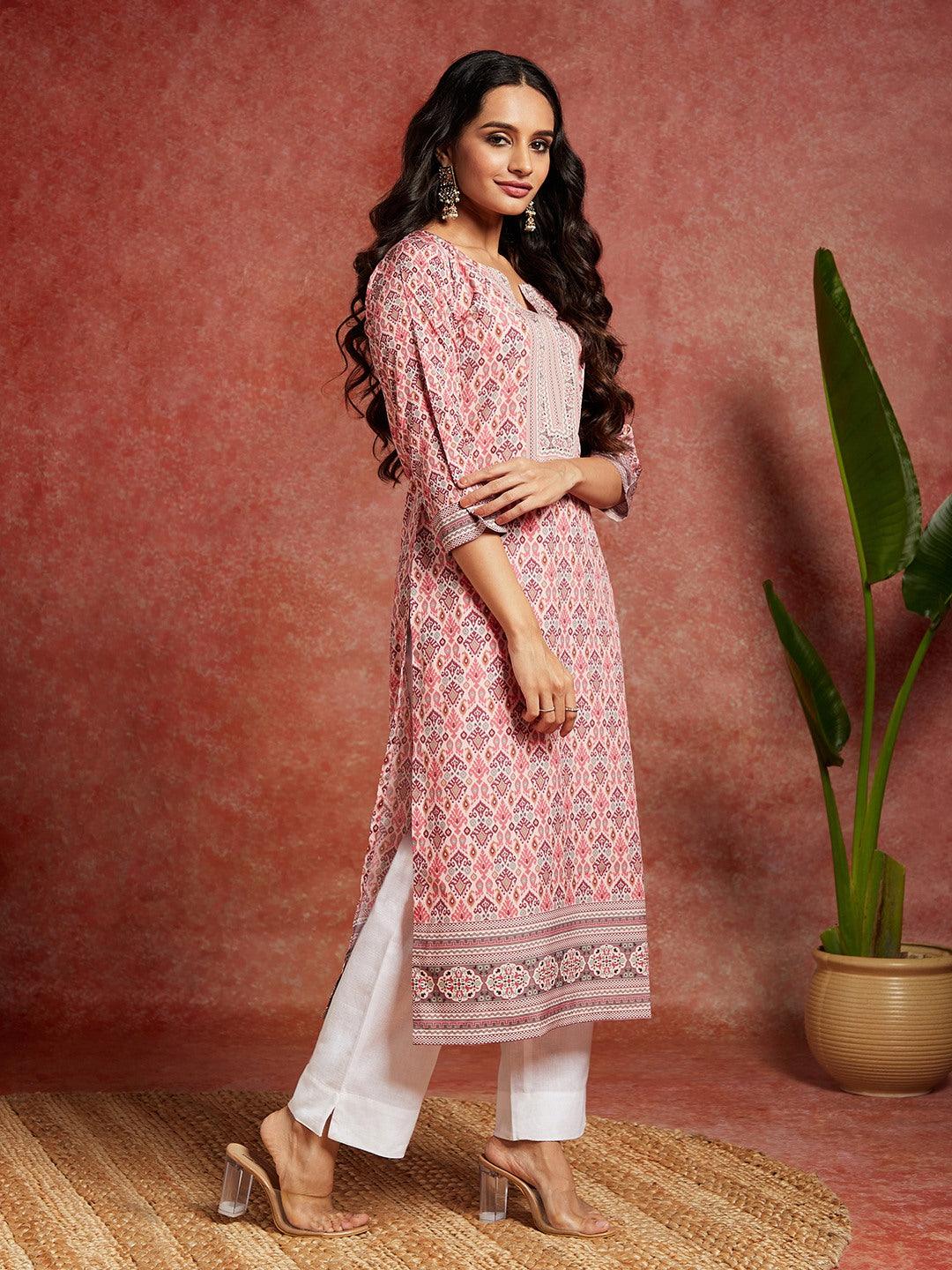 Pink Printed Crepe Straight Kurta