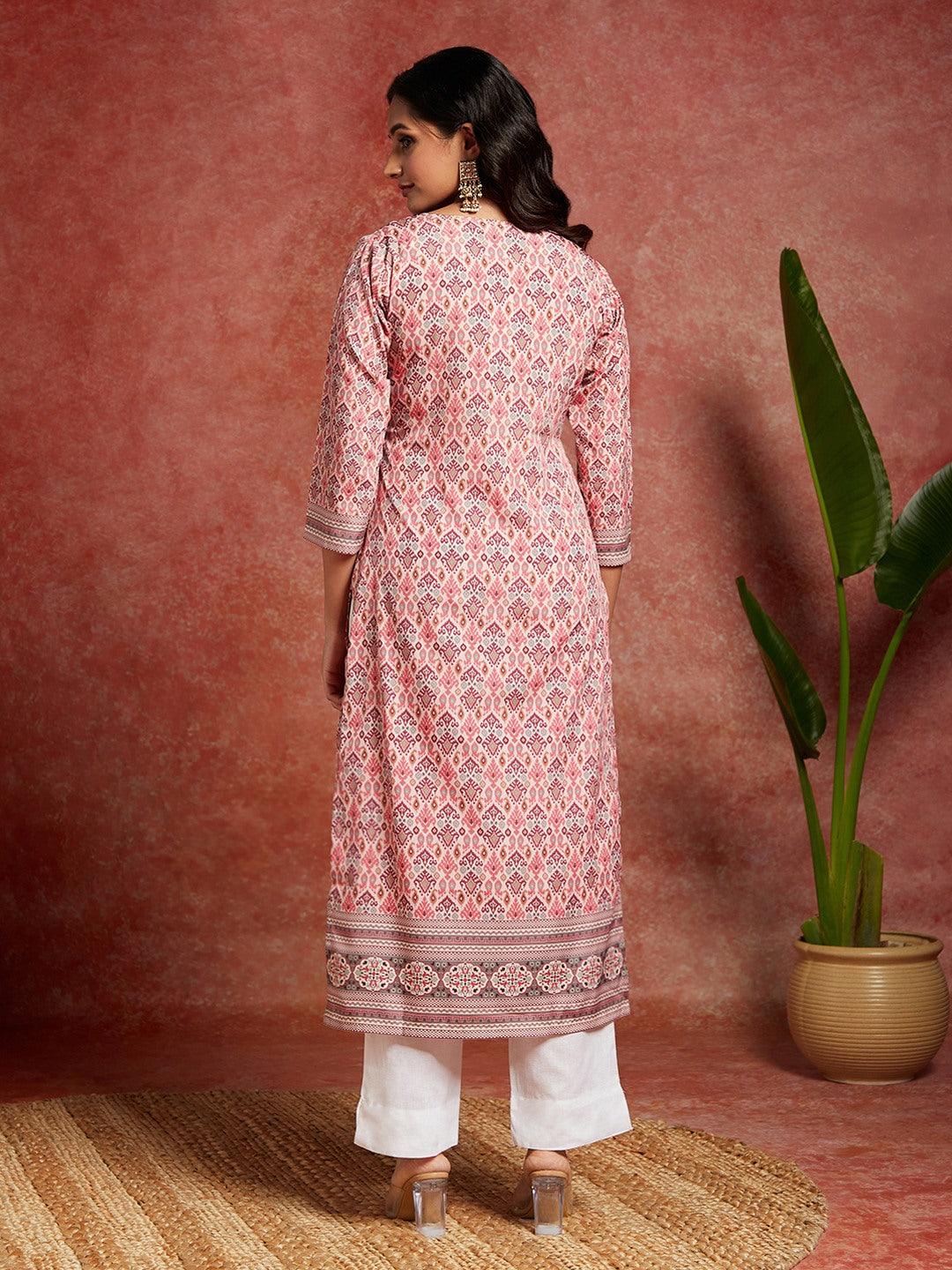 Pink Printed Crepe Straight Kurta - ShopLibas