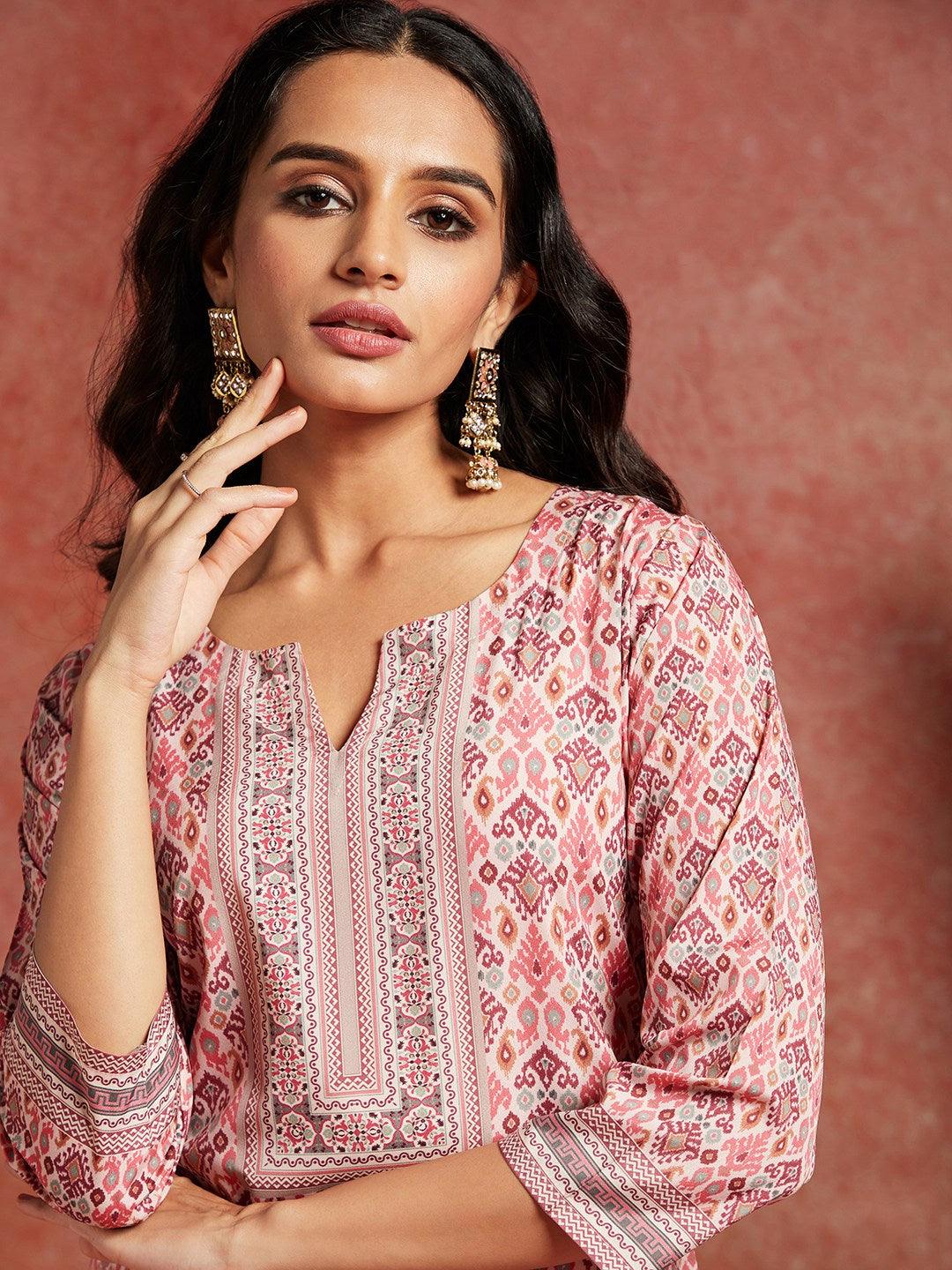 Pink Printed Crepe Straight Kurta