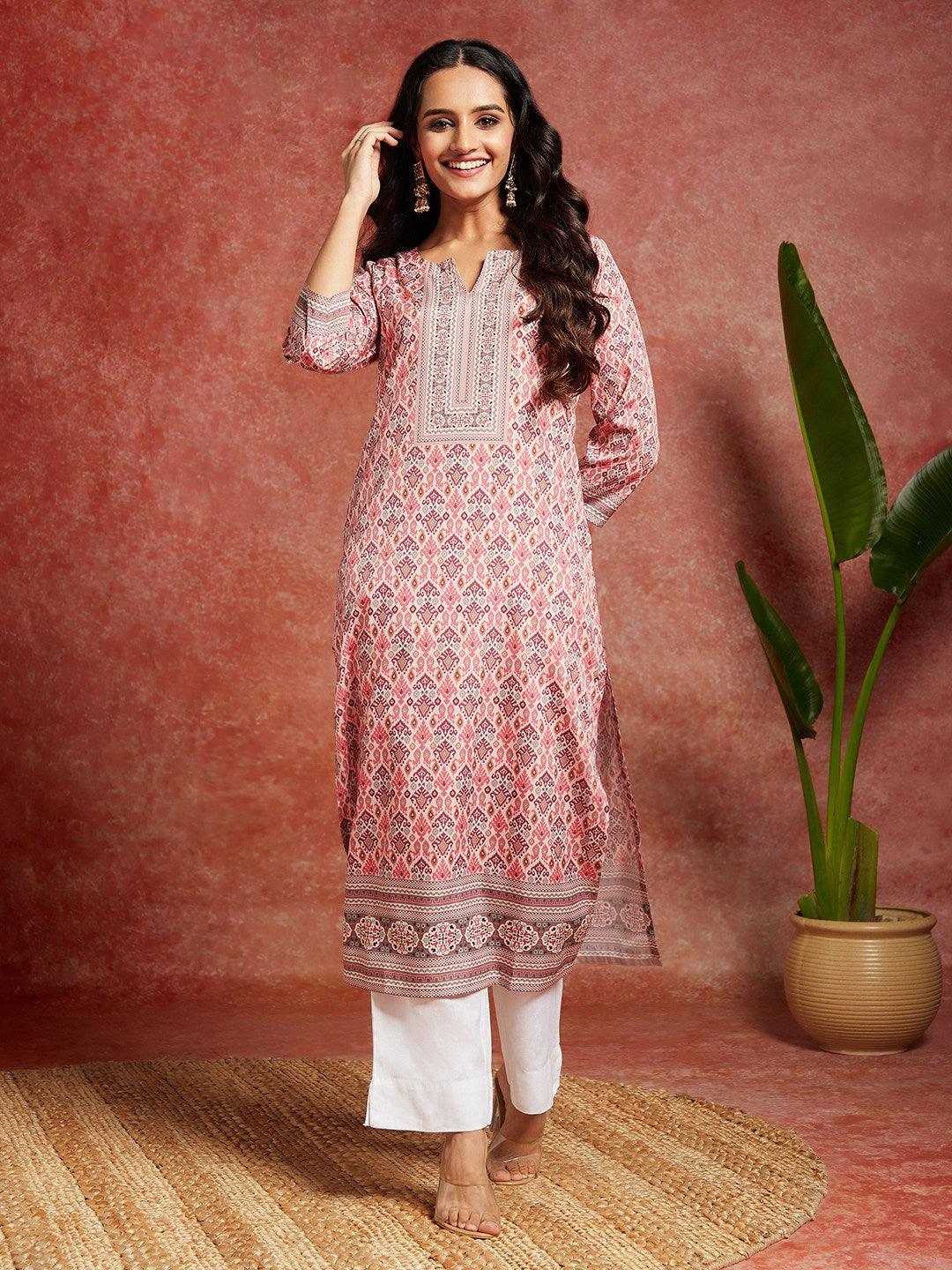 Pink Printed Crepe Straight Kurta