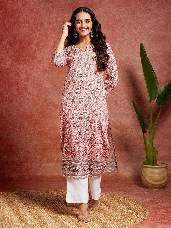 Pink Printed Crepe Straight Kurta - ShopLibas