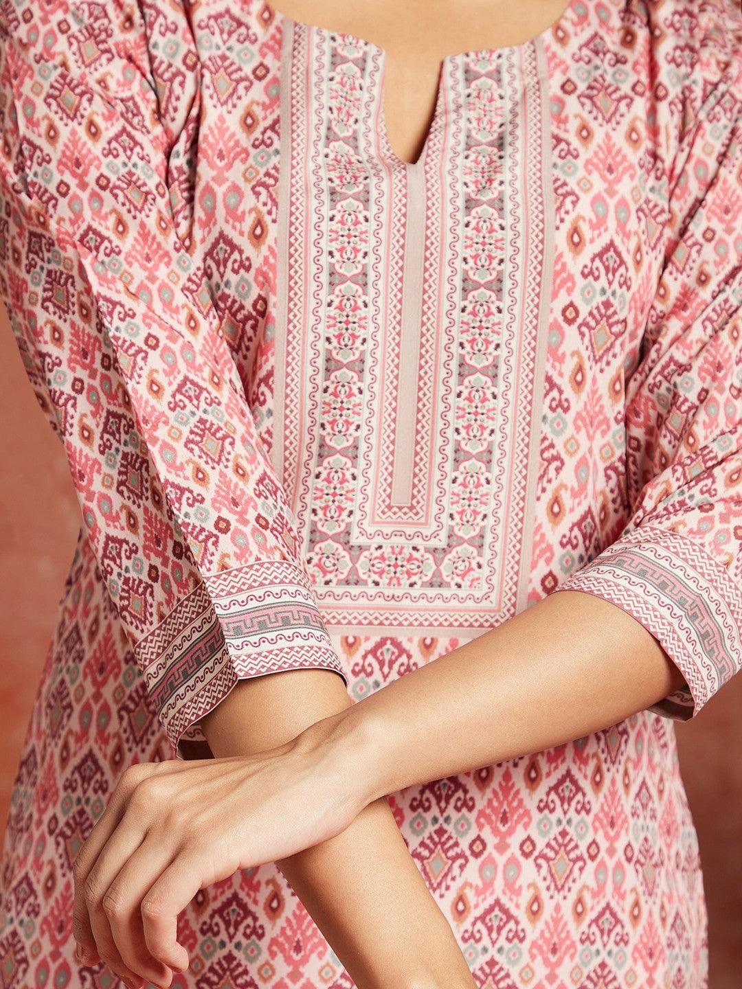 Pink Printed Crepe Straight Kurta