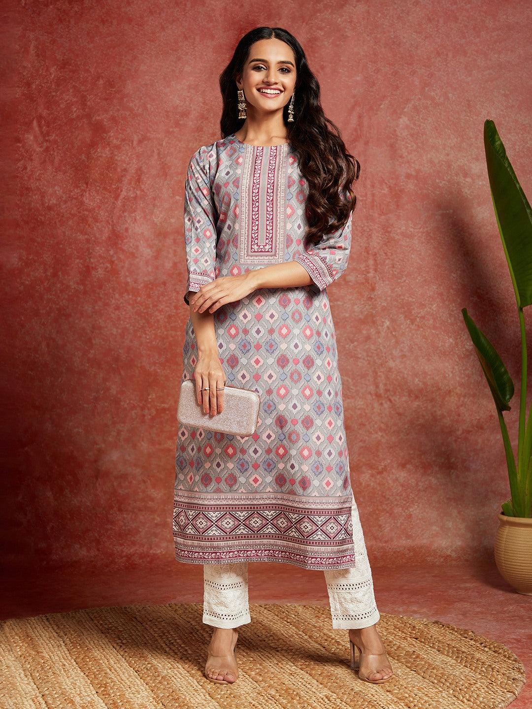 Green Printed Crepe Straight Kurta - ShopLibas