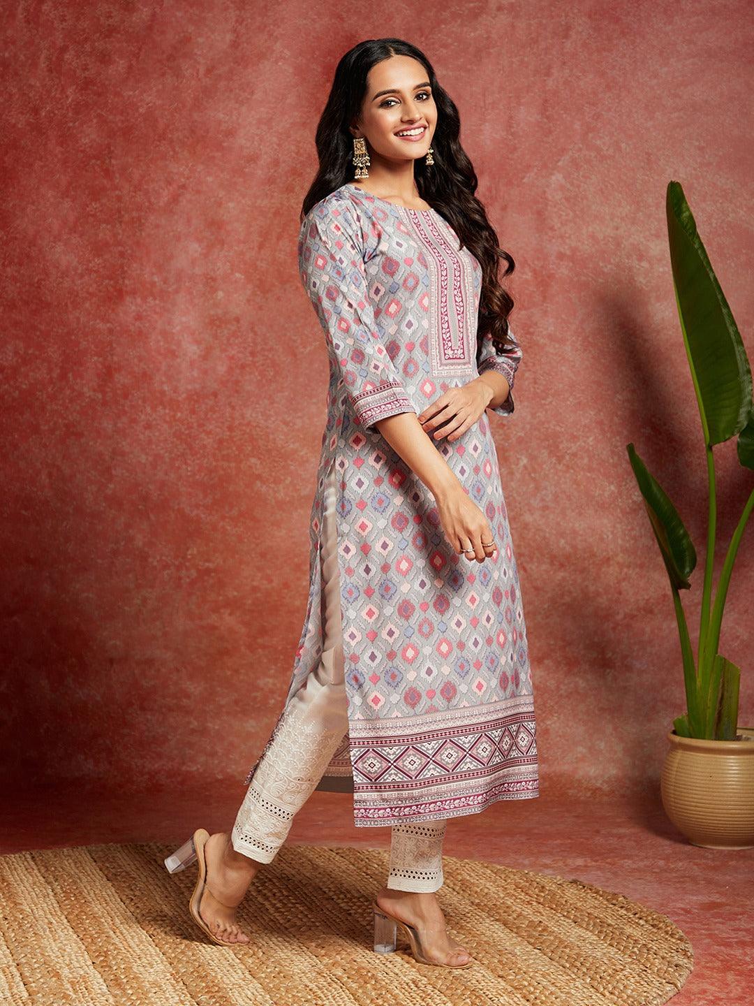 Green Printed Crepe Straight Kurta - ShopLibas