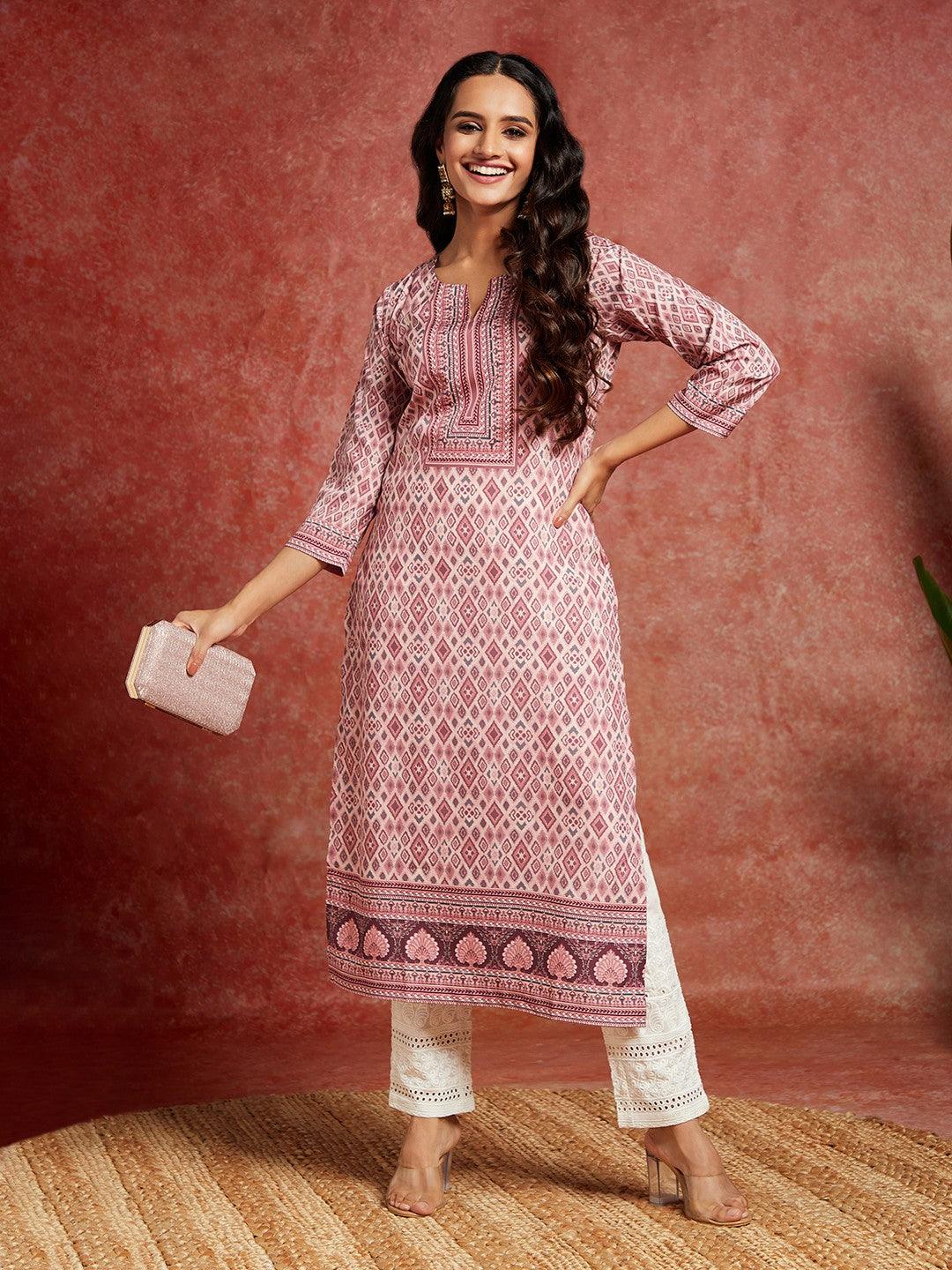 Pink Printed Crepe Straight Kurta - ShopLibas