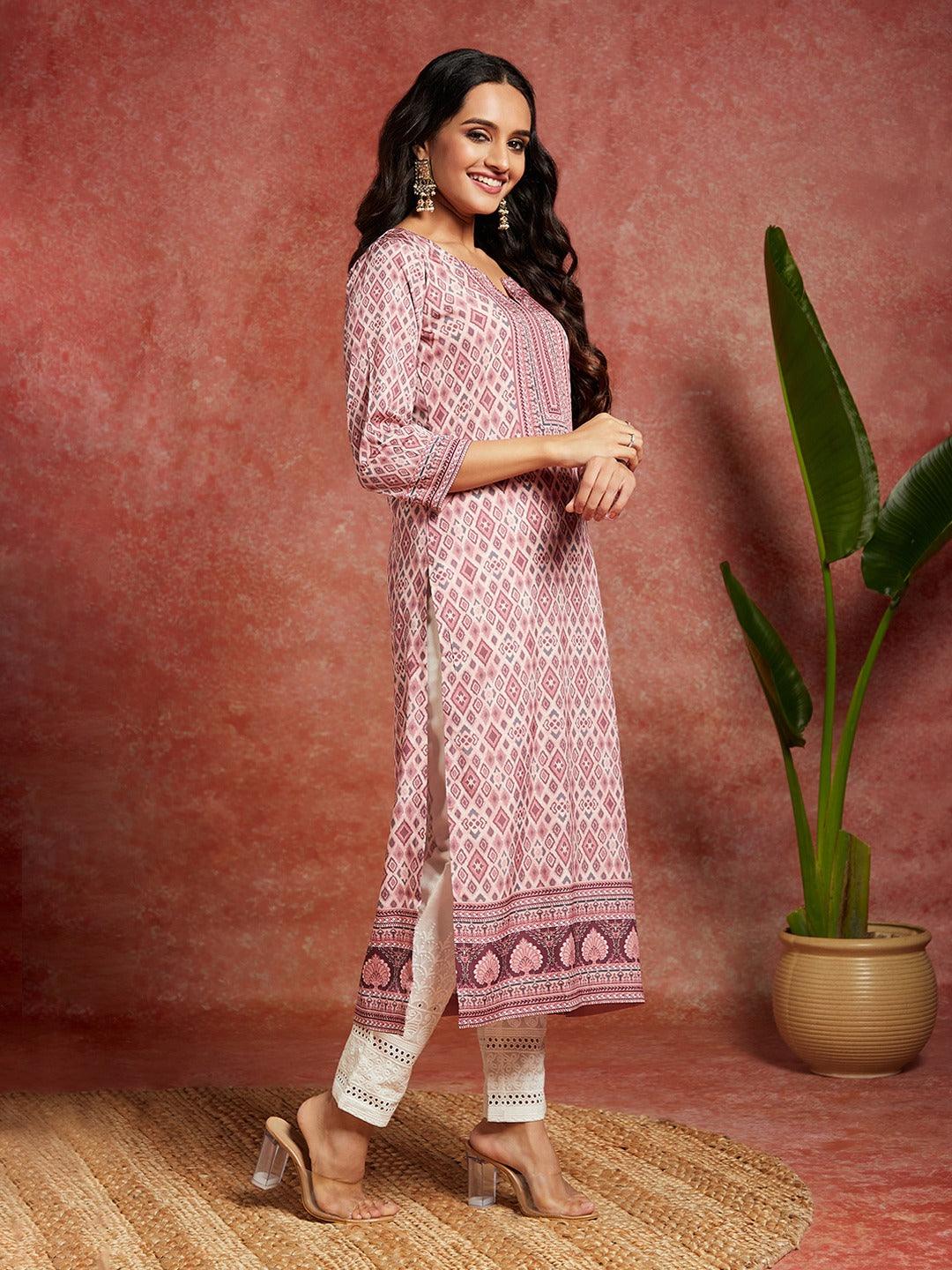 Pink Printed Crepe Straight Kurta - ShopLibas