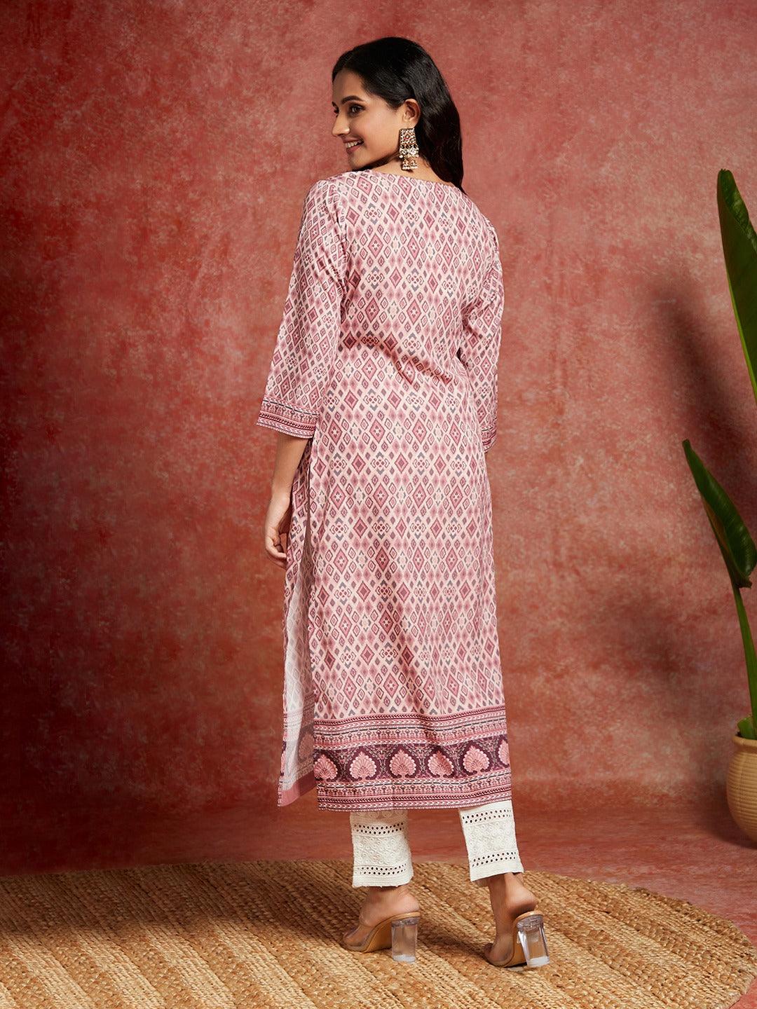 Pink Printed Crepe Straight Kurta