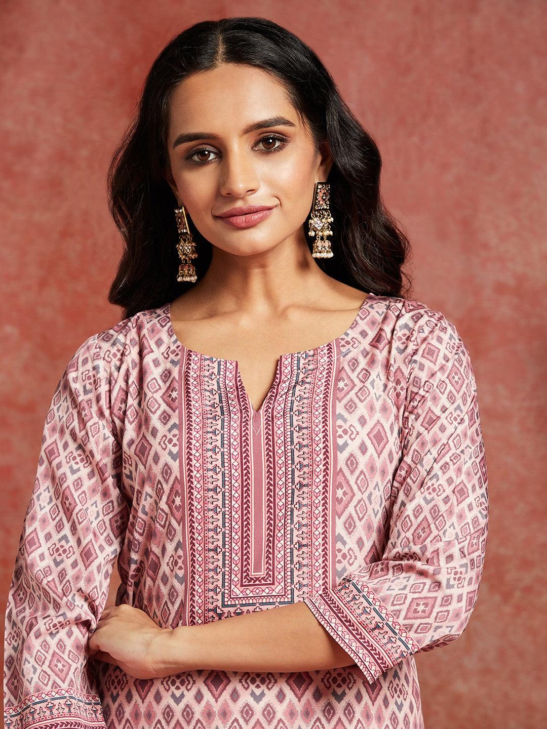 Pink Printed Crepe Straight Kurta