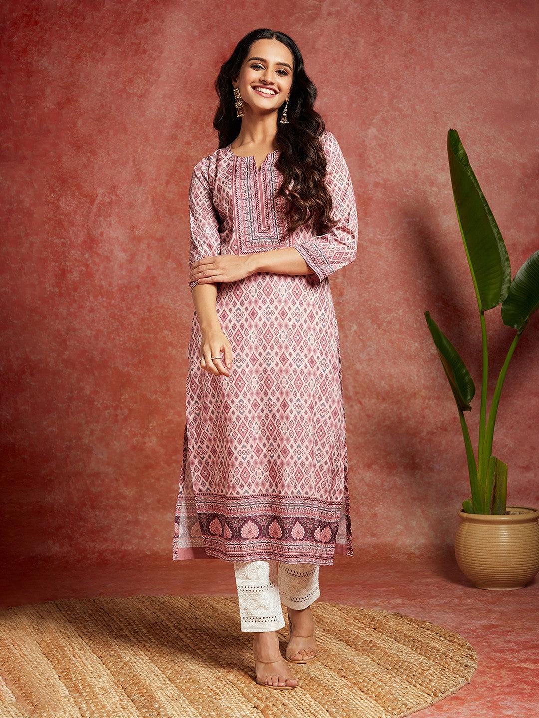 Pink Printed Crepe Straight Kurta