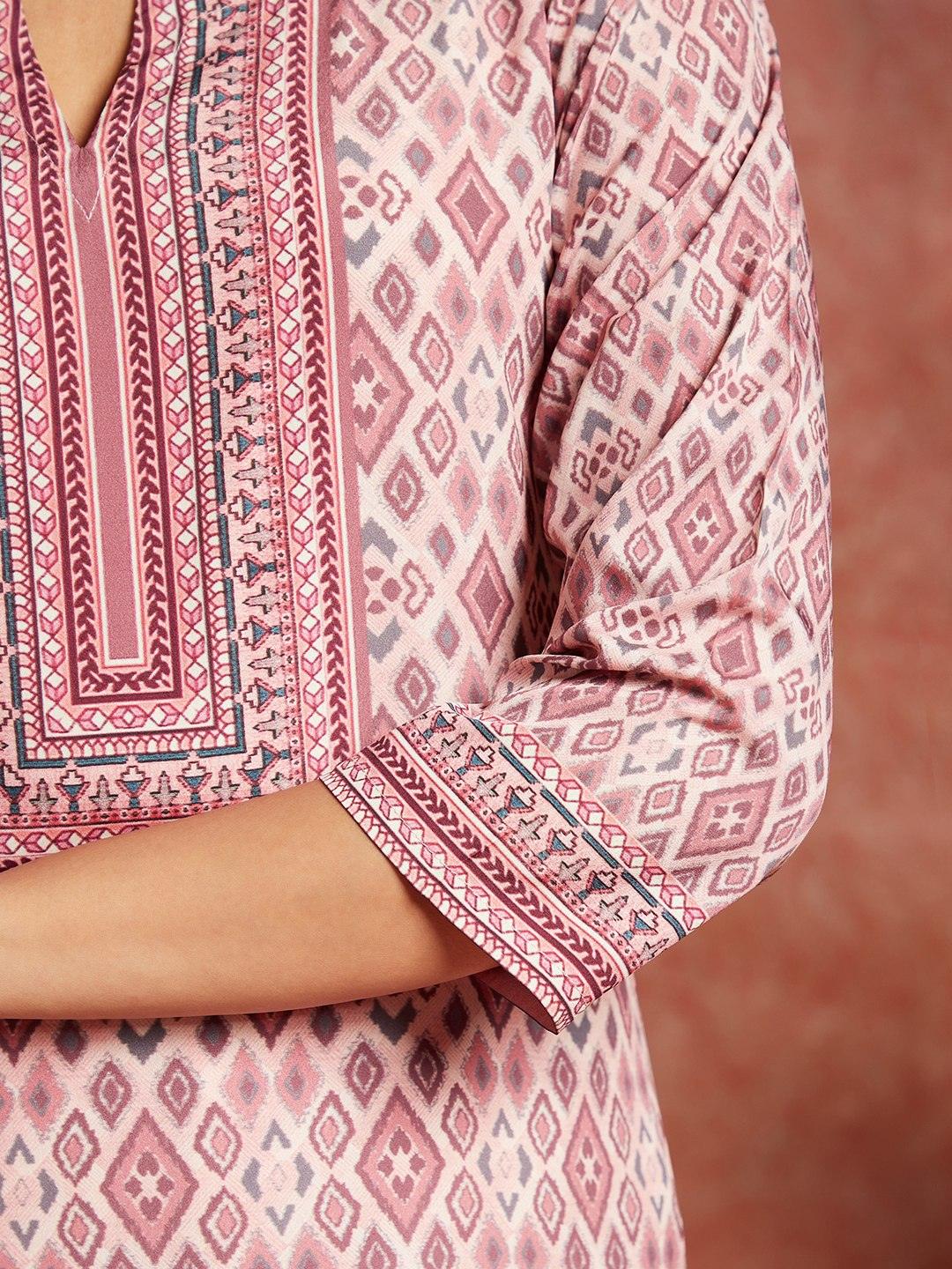 Pink Printed Crepe Straight Kurta