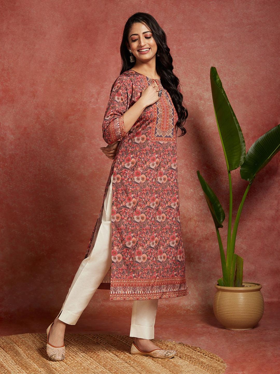 Multicolored Printed Crepe Straight Kurta