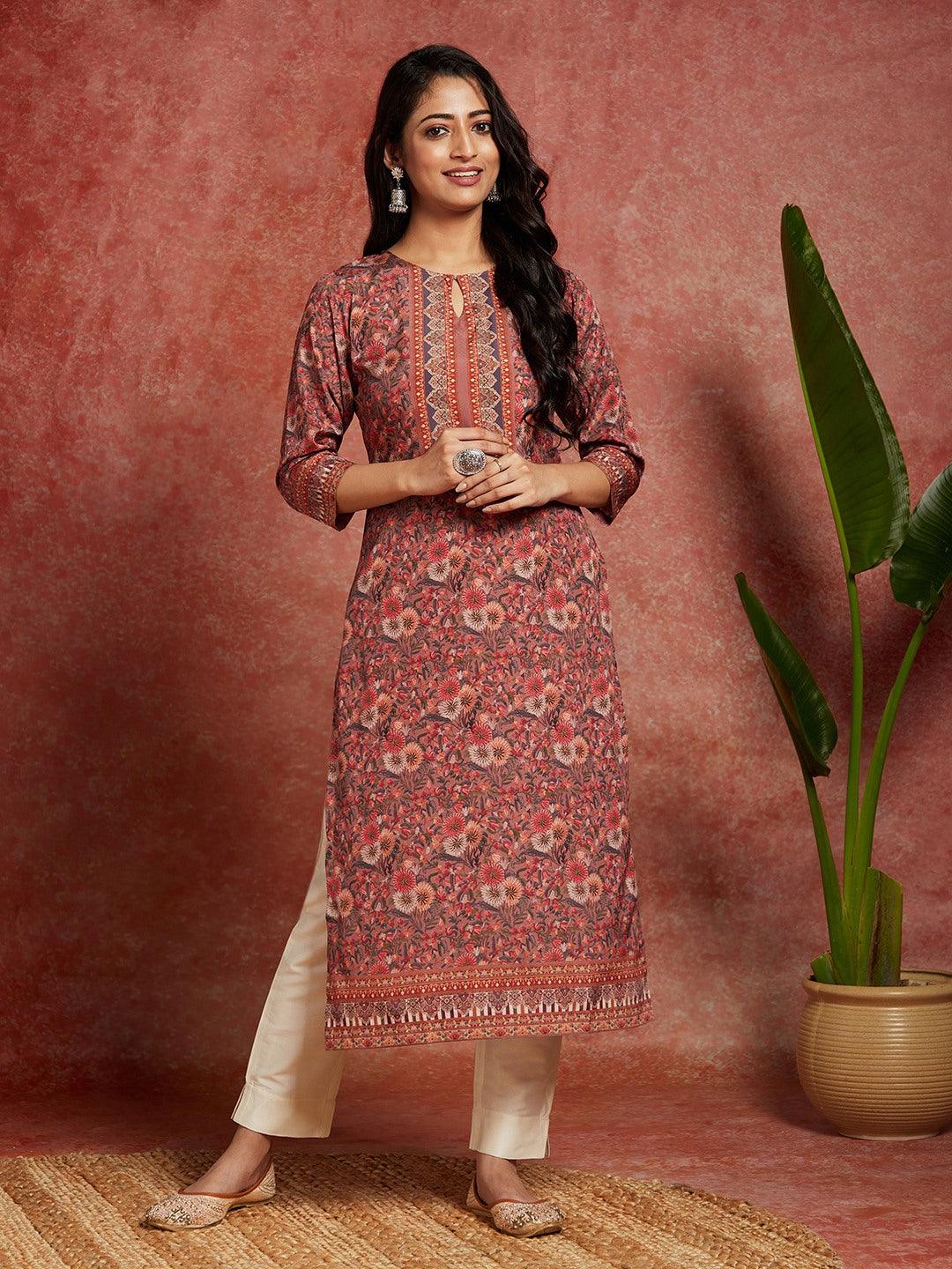 Multicolored Printed Crepe Straight Kurta