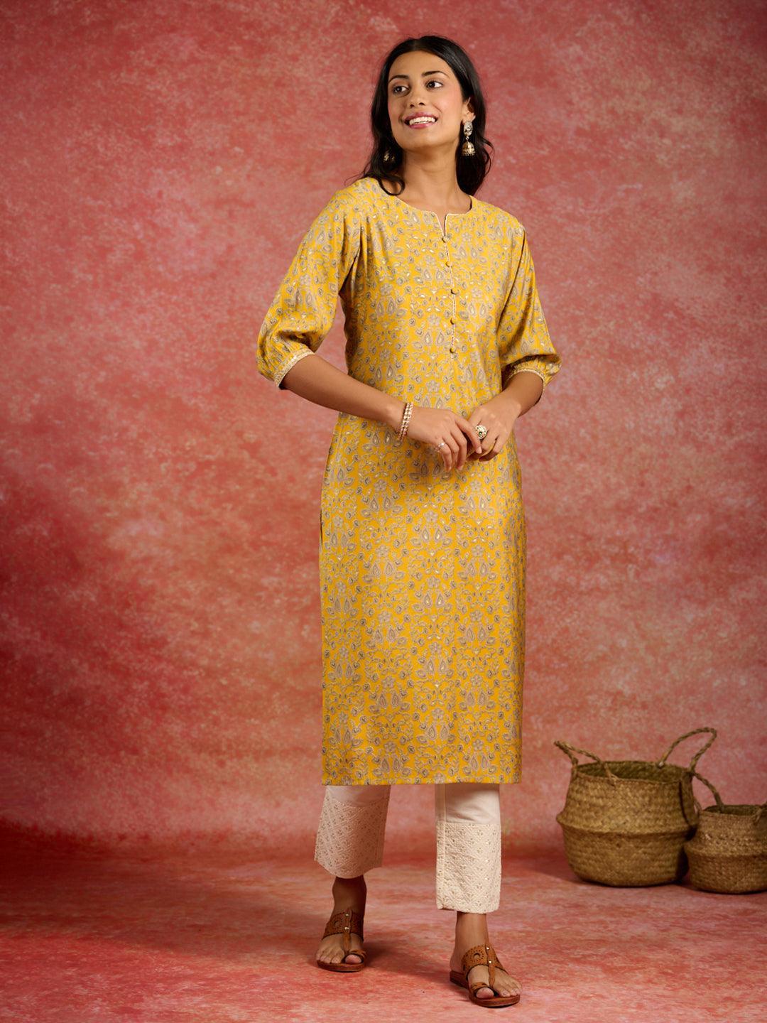 Yellow Printed Silk Straight Kurta