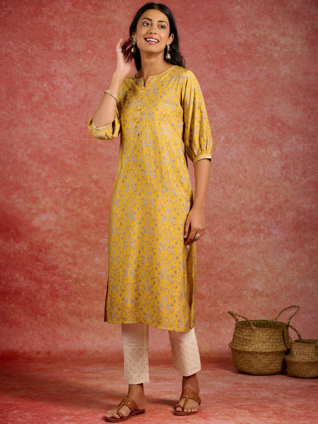 Yellow Printed Silk Straight Kurta