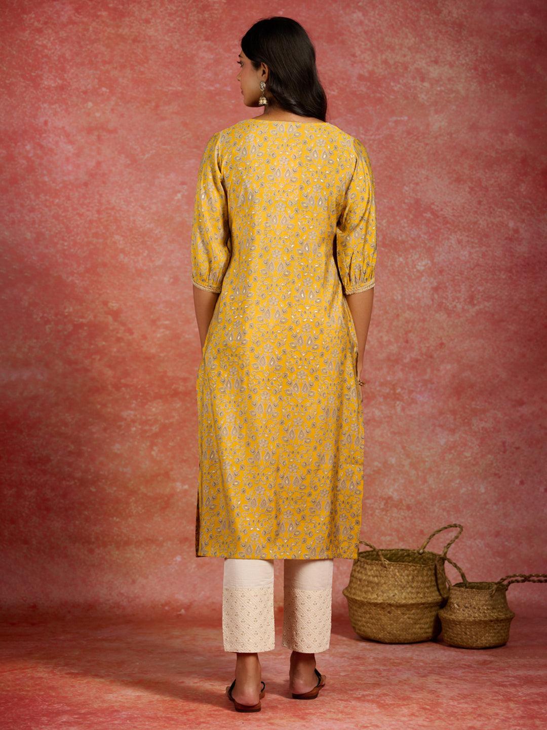 Yellow Printed Silk Straight Kurta