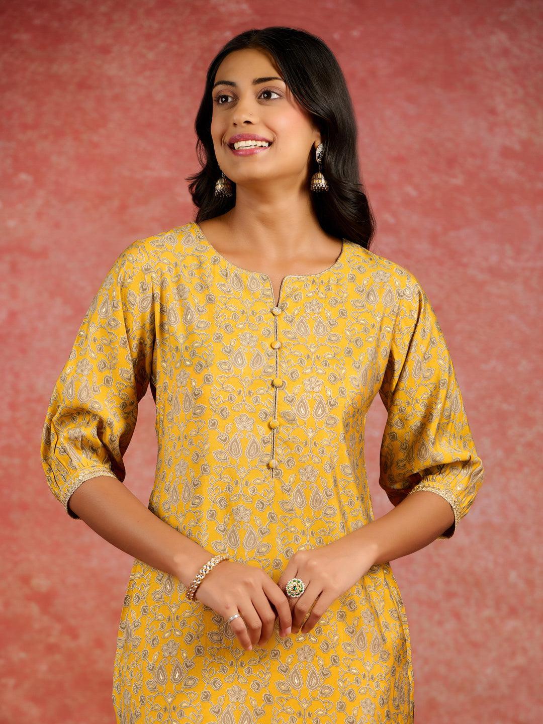 Yellow Printed Silk Straight Kurta