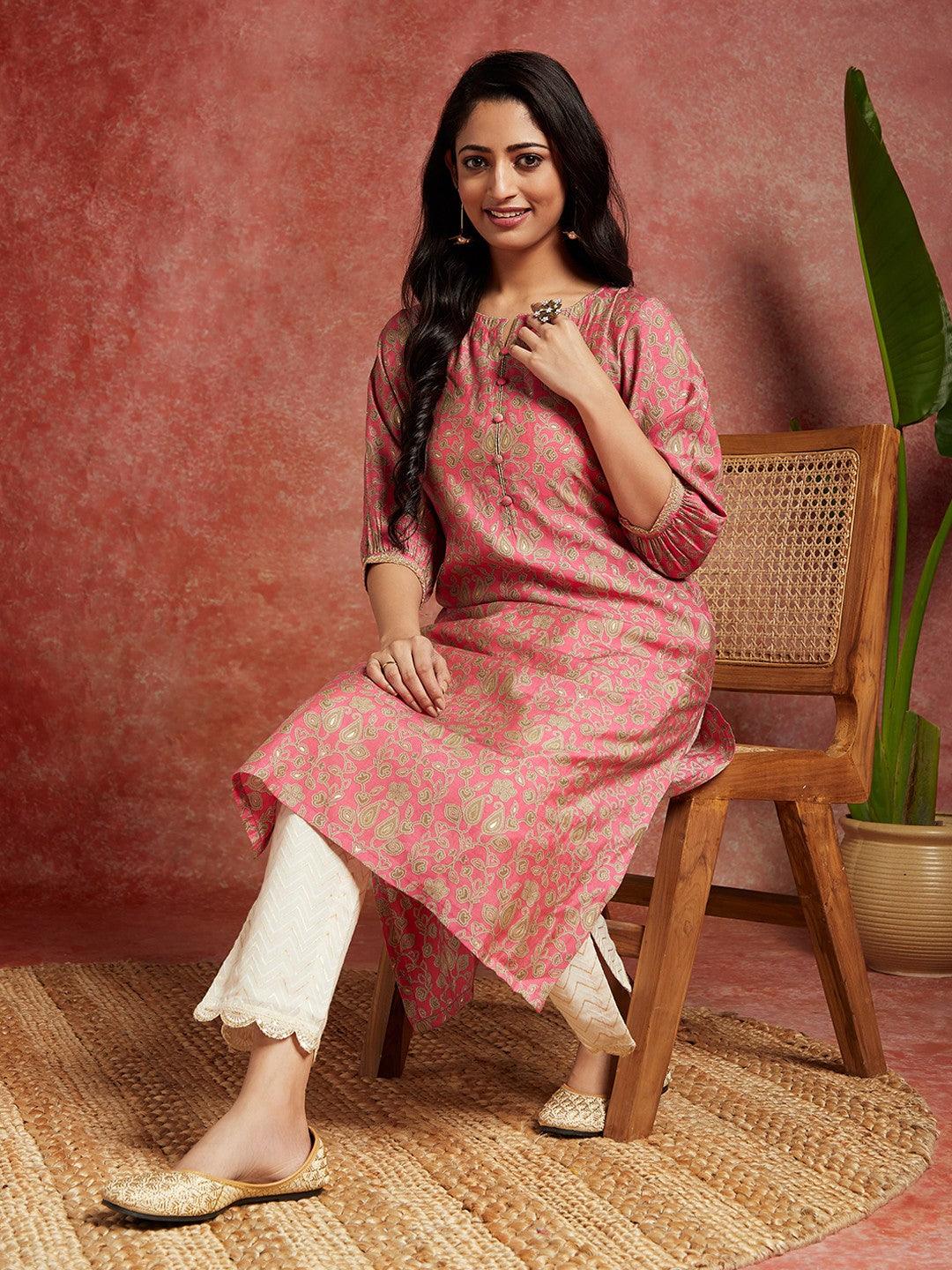 Pink Printed Silk Straight Kurta