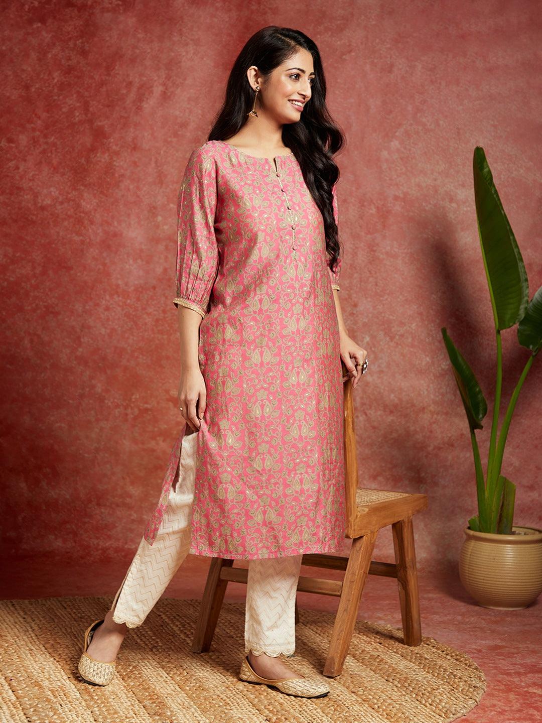 Pink Printed Silk Straight Kurta