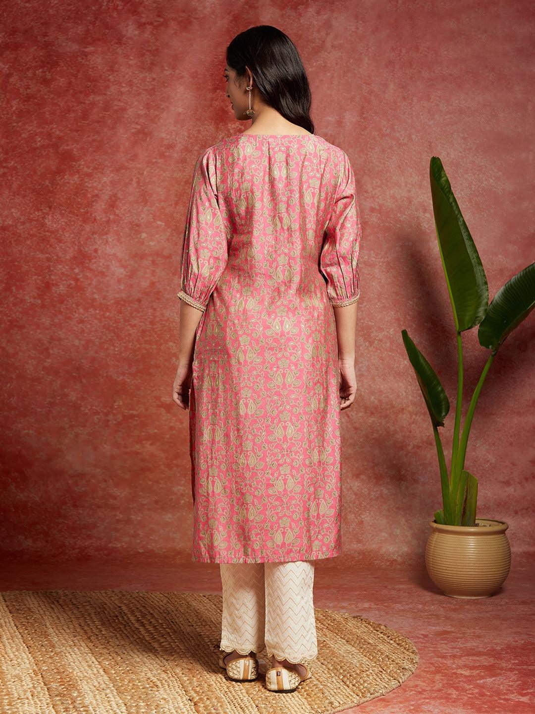 Pink Printed Silk Straight Kurta