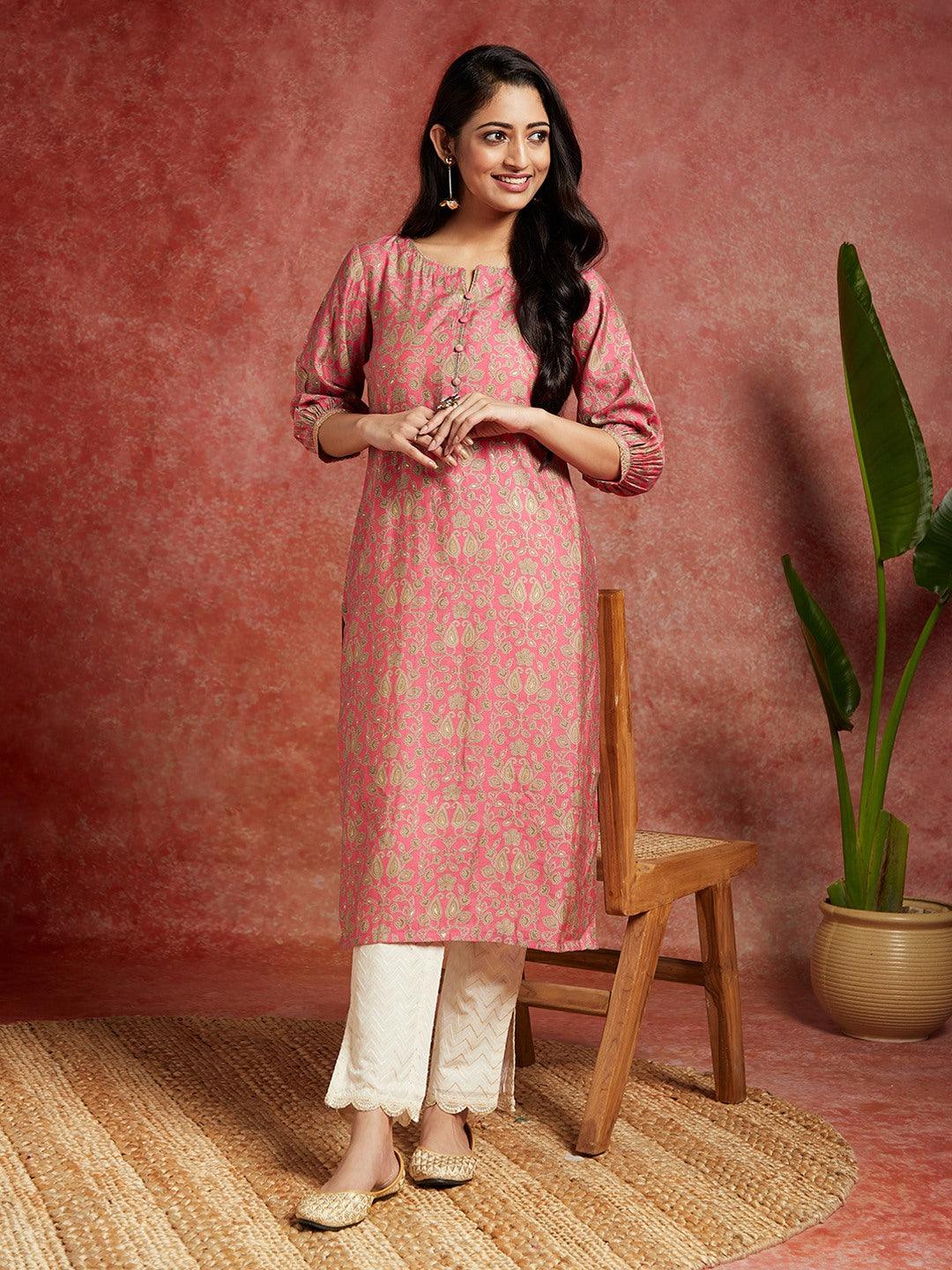 Pink Printed Silk Straight Kurta