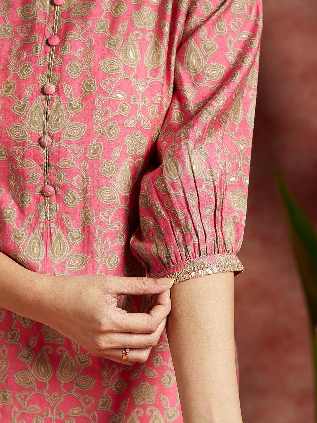 Pink Printed Silk Straight Kurta