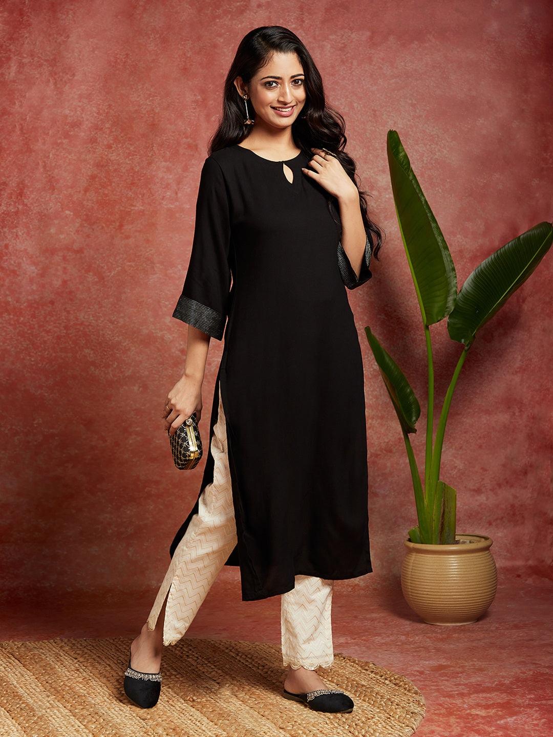 Black Solid Rayon Straight Kurta