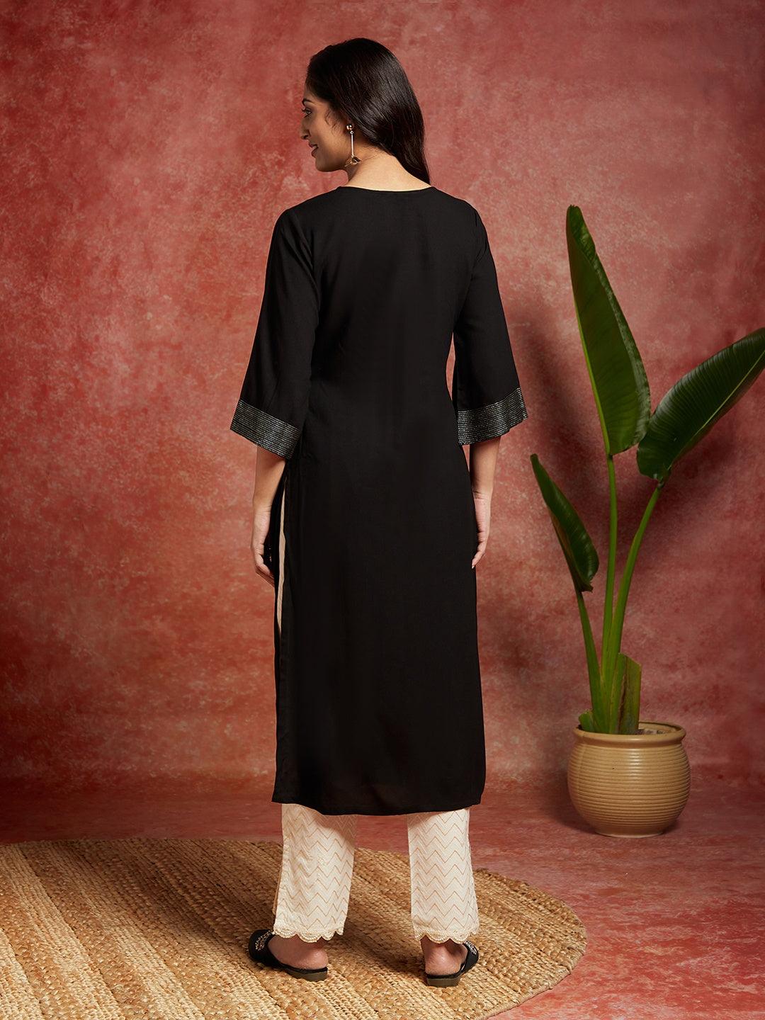 Black Solid Rayon Straight Kurta