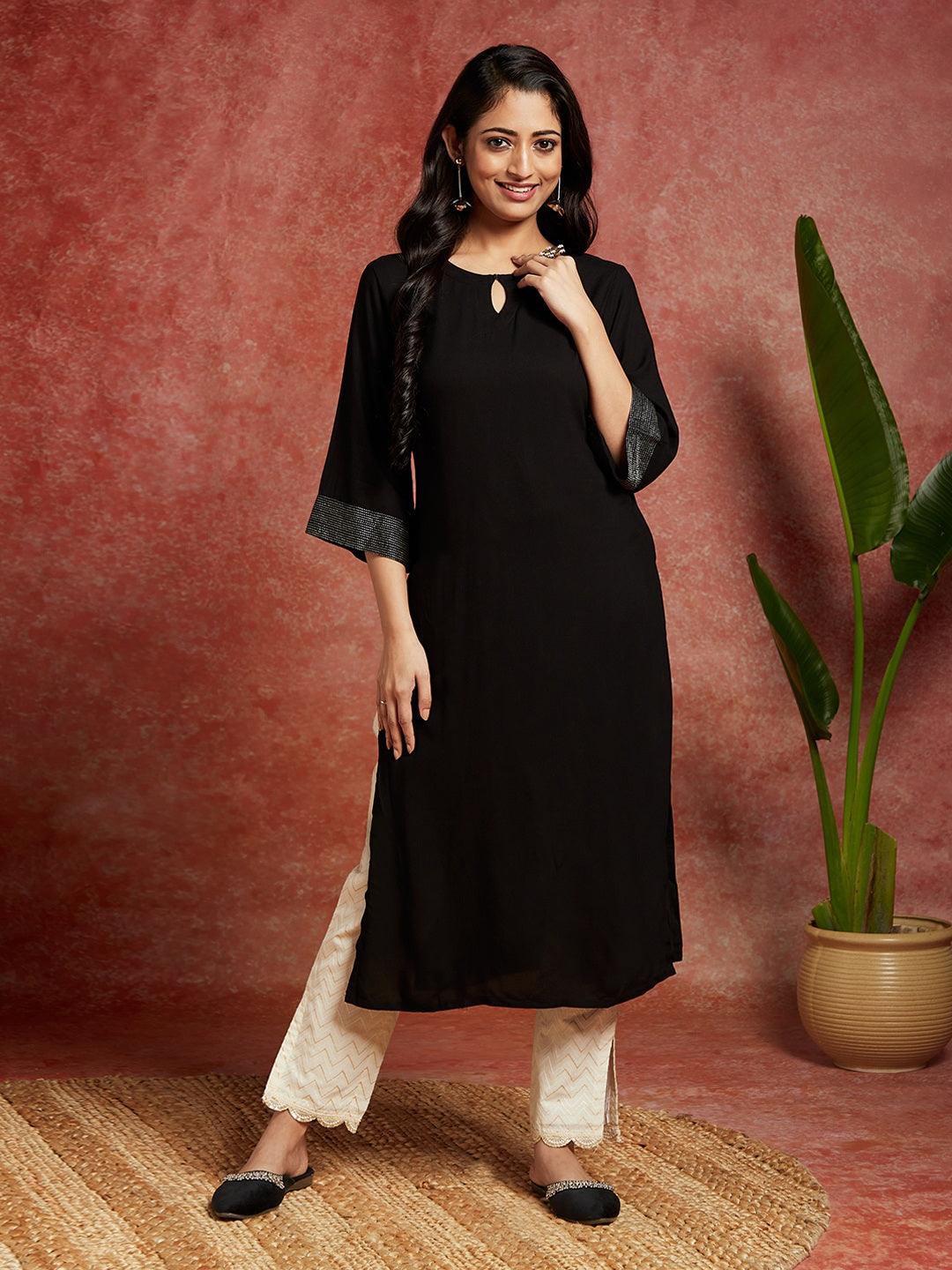 Black Solid Rayon Straight Kurta