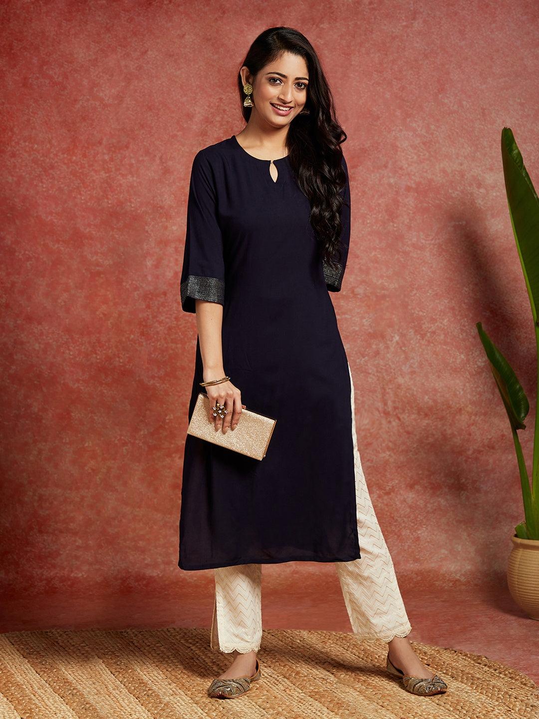 Navy Blue Solid Rayon Straight Kurta - ShopLibas