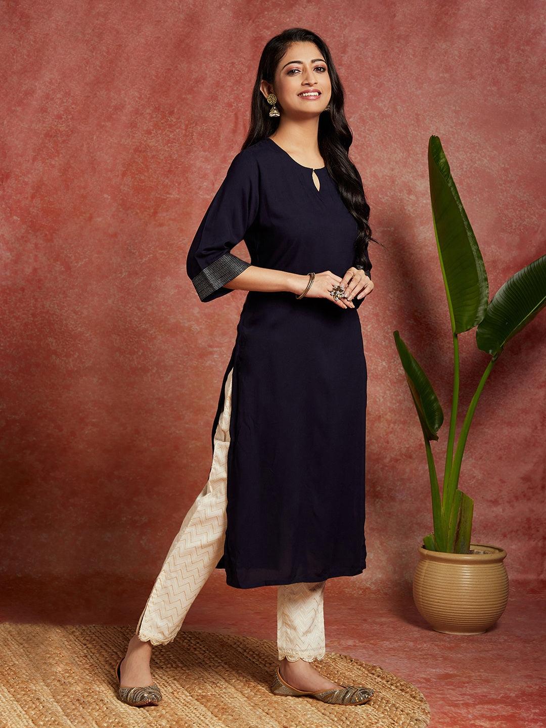 Navy Blue Solid Rayon Straight Kurta - ShopLibas