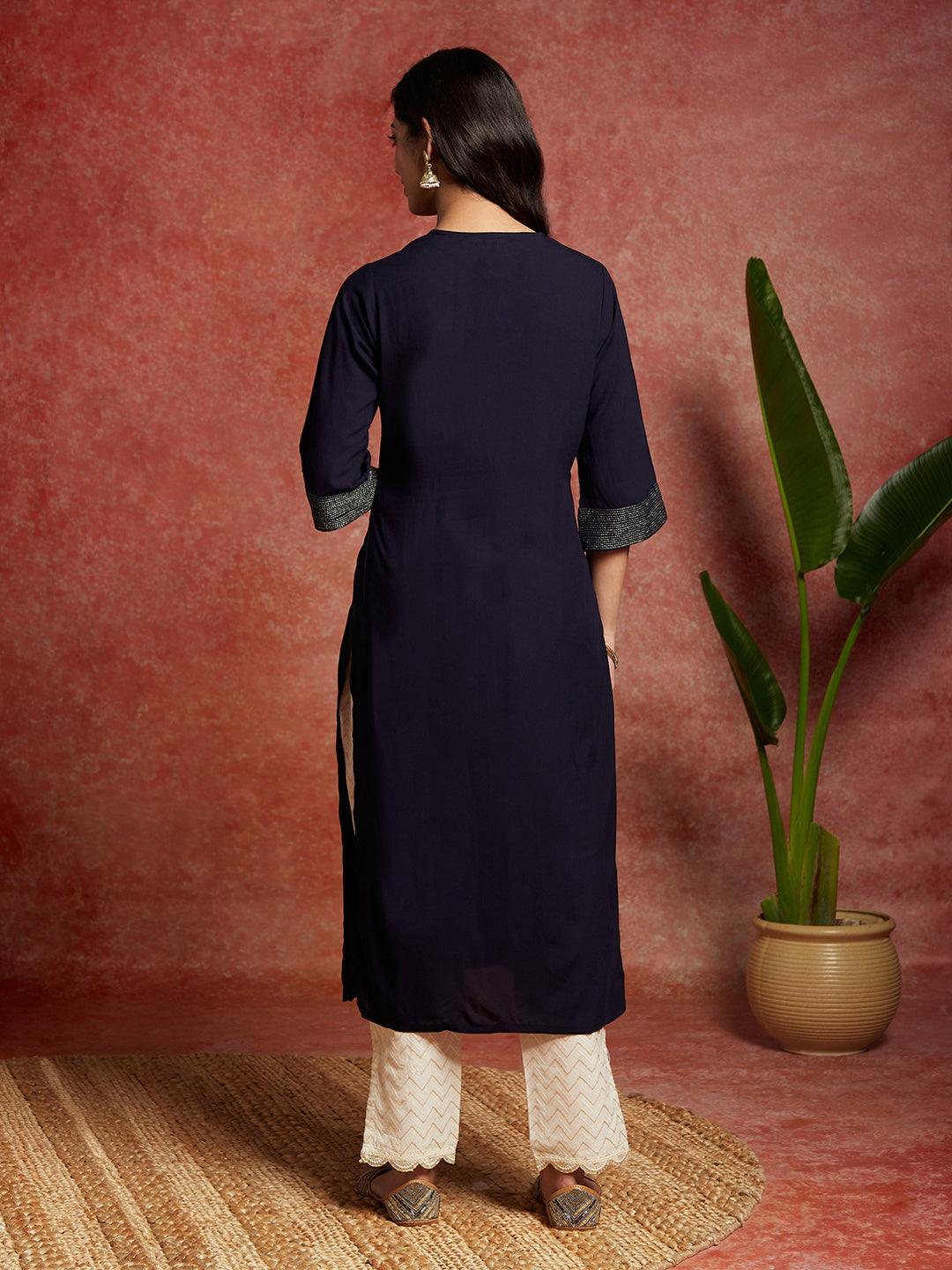 Navy Blue Solid Rayon Straight Kurta - ShopLibas