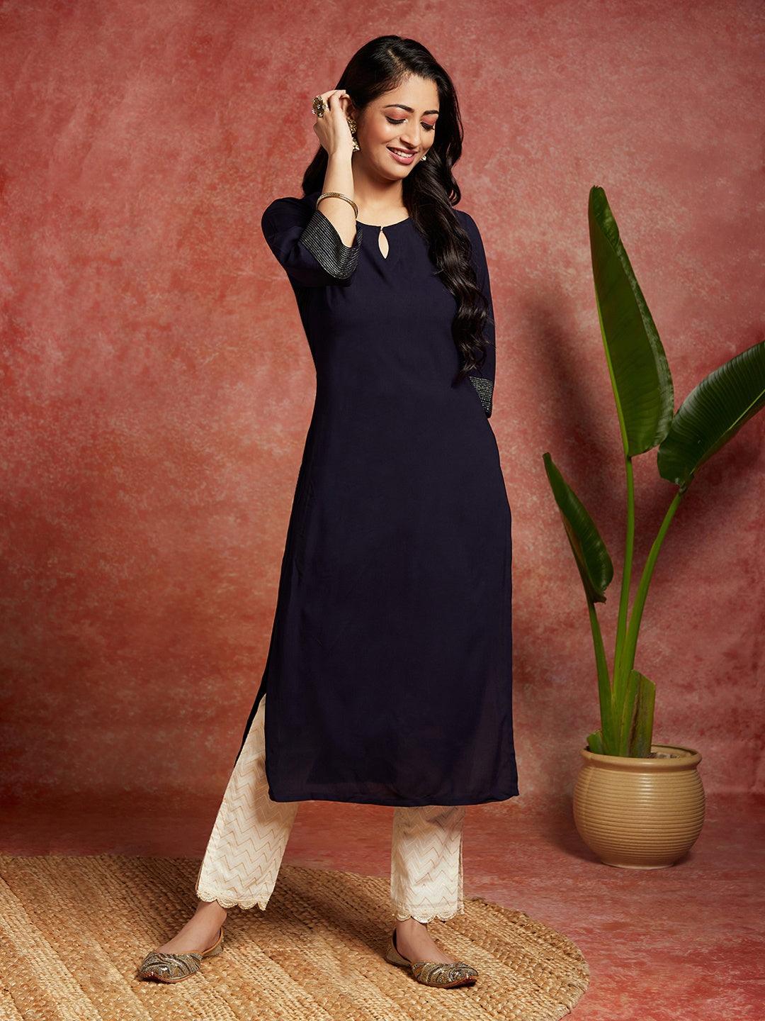 Navy Blue Solid Rayon Straight Kurta - ShopLibas