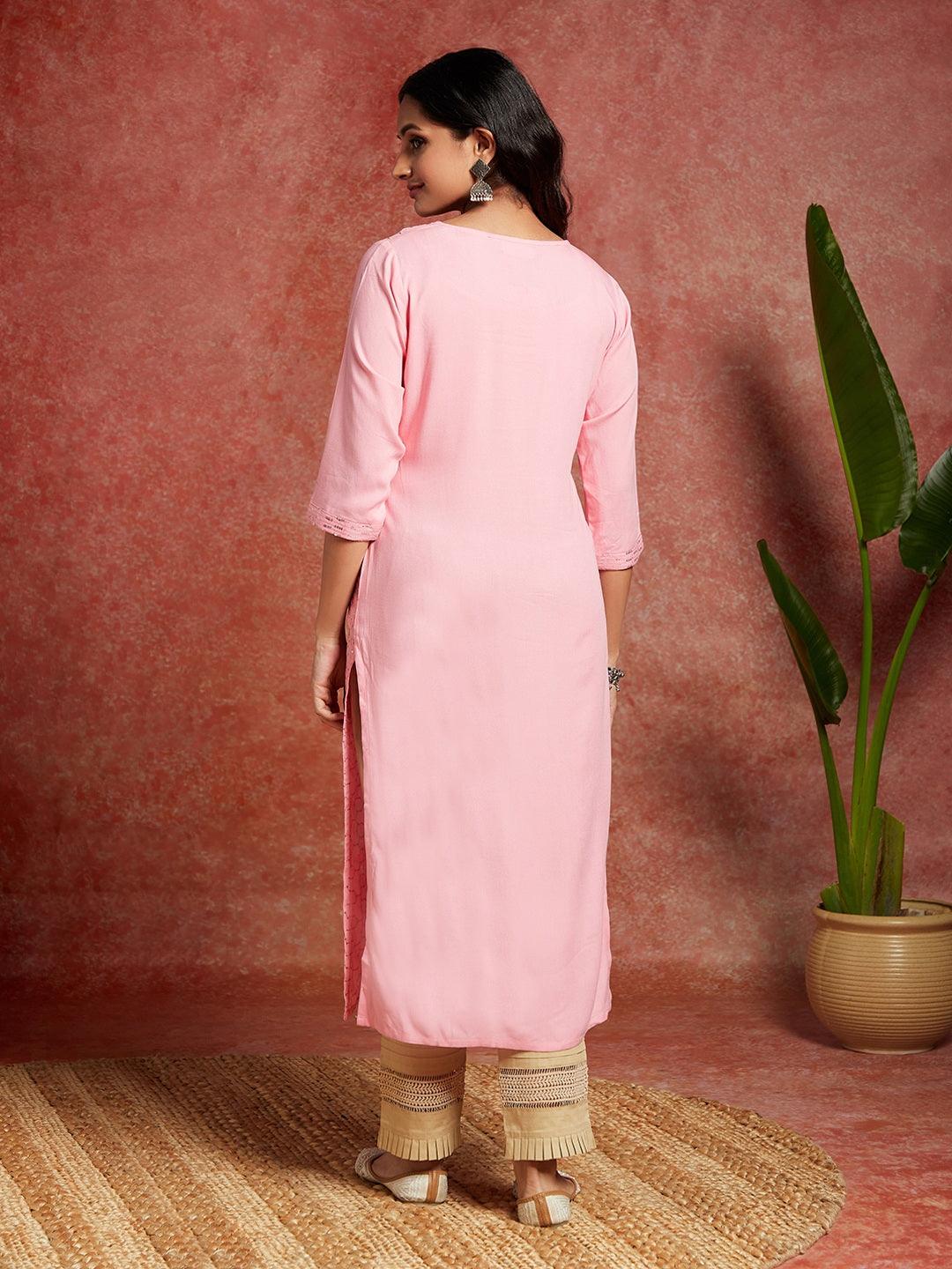 Pink Embellished Rayon Straight Kurta