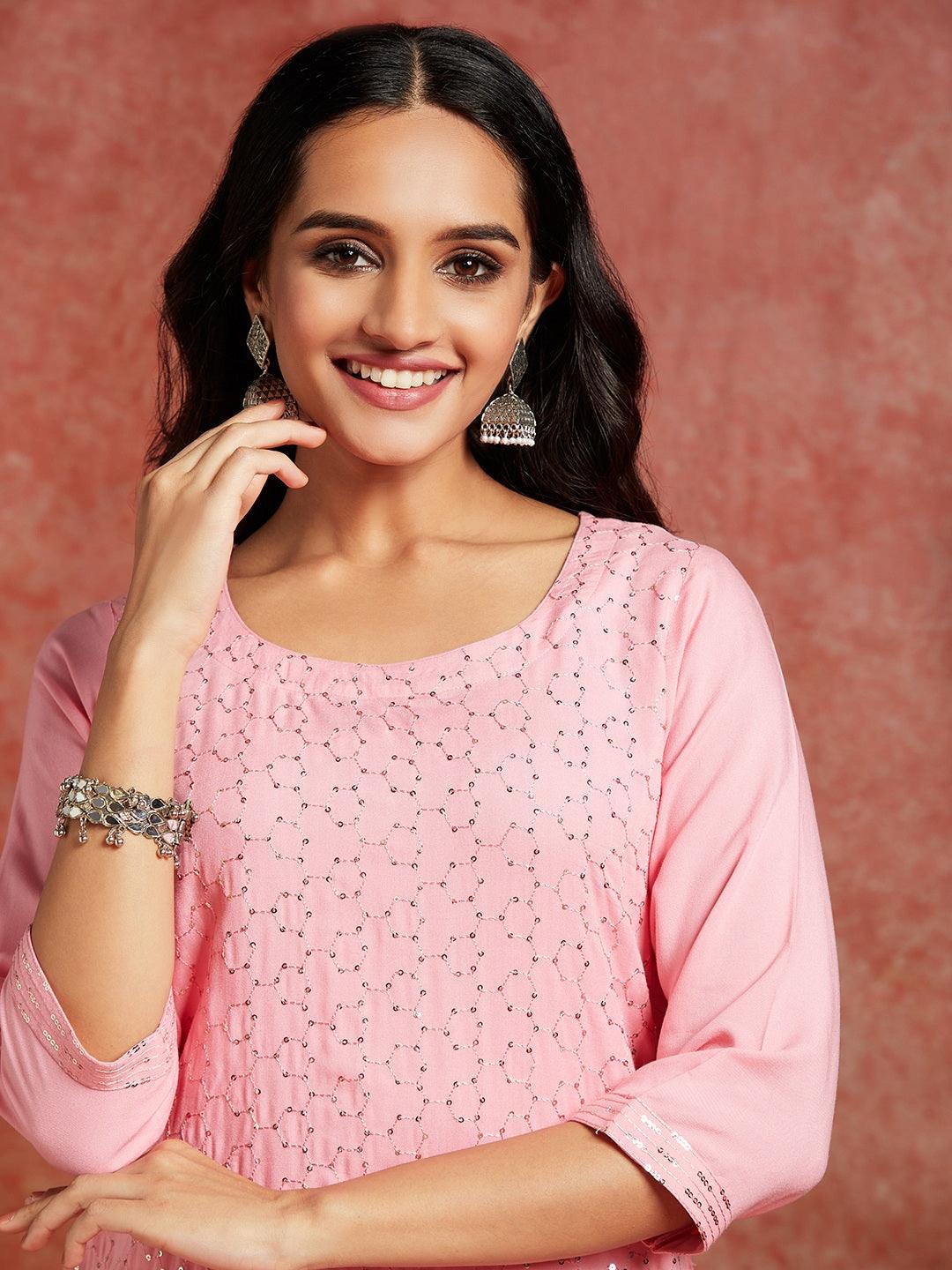 Pink Embellished Rayon Straight Kurta