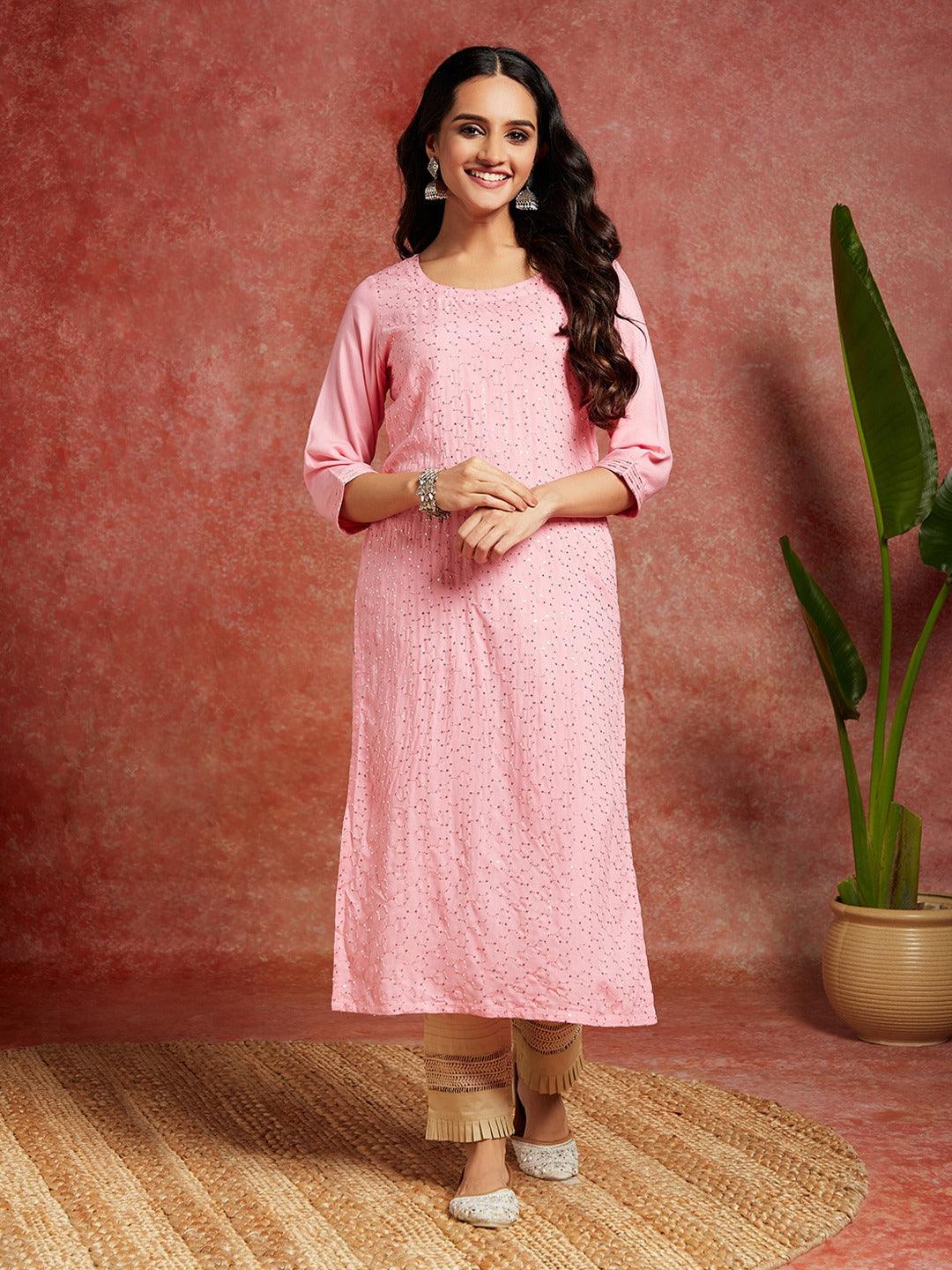 Pink Embellished Rayon Straight Kurta