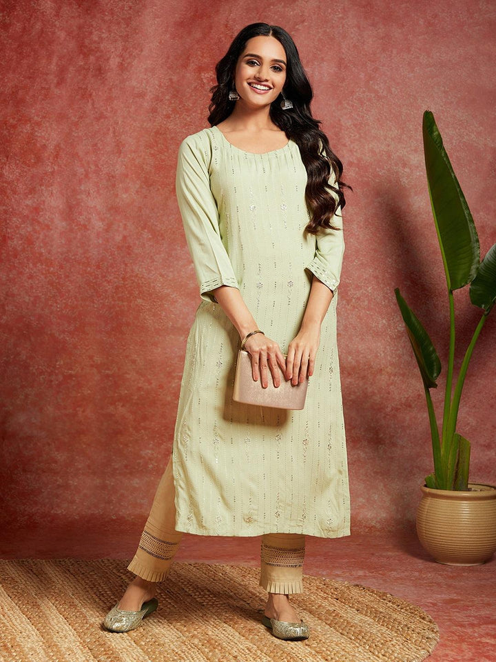 Pista Green Embroidered Rayon Straight Kurta - ShopLibas