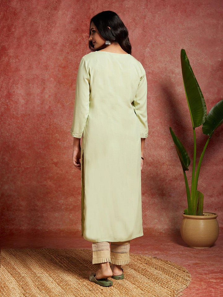 Pista Green Embroidered Rayon Straight Kurta - ShopLibas