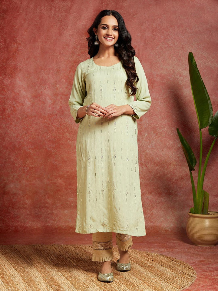 Pista Green Embroidered Rayon Straight Kurta - ShopLibas