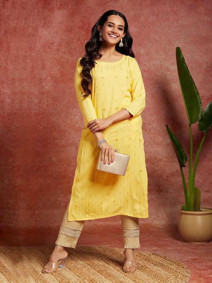 Yellow Embroidered Rayon Straight Kurta - ShopLibas