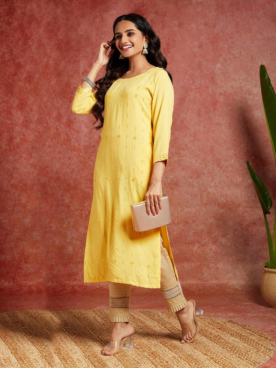 Yellow Embroidered Rayon Straight Kurta